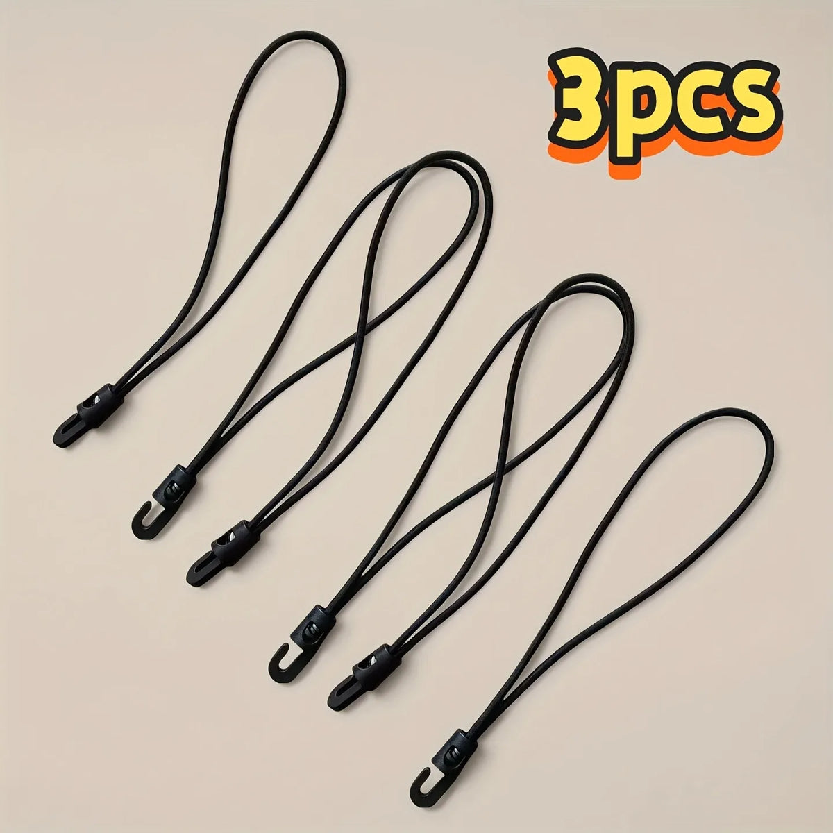 Three black heavy-duty elastic tie-down straps with hooks displayed on a light background.