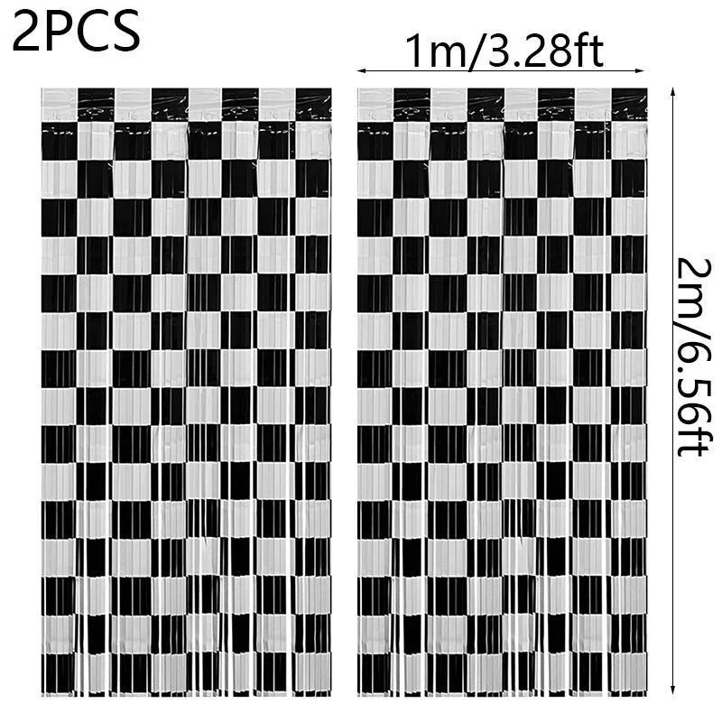 Black & White Checkered Foil Fringe Curtains for Racing Party Decor