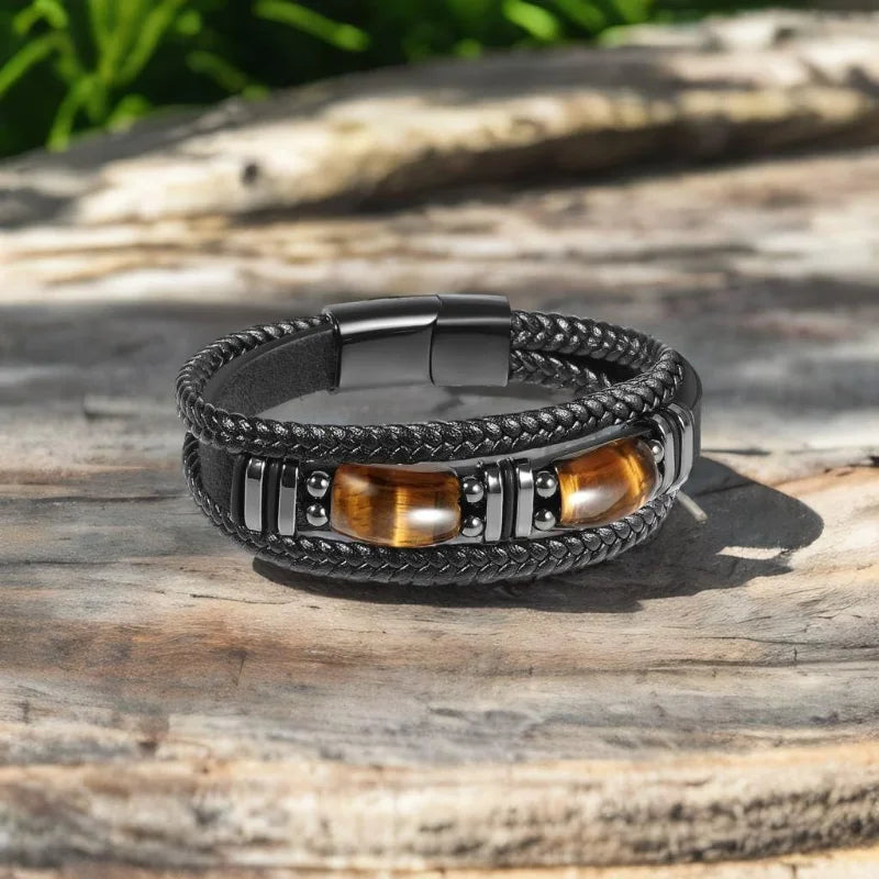 Tiger Eye & Black Leather Men's Bracelet