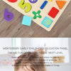 A wooden alphabet and number puzzle with geometric shapes for toddlers showing various colorful letters and numbers.
