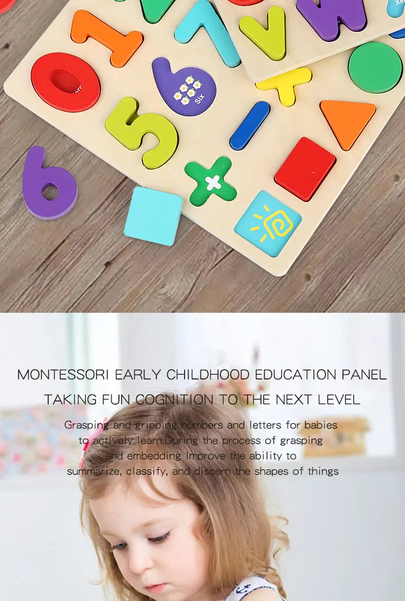 A wooden alphabet and number puzzle with geometric shapes for toddlers showing various colorful letters and numbers.
