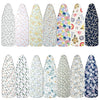A collection of patterned ironing board covers featuring floral and nature designs on a light background.