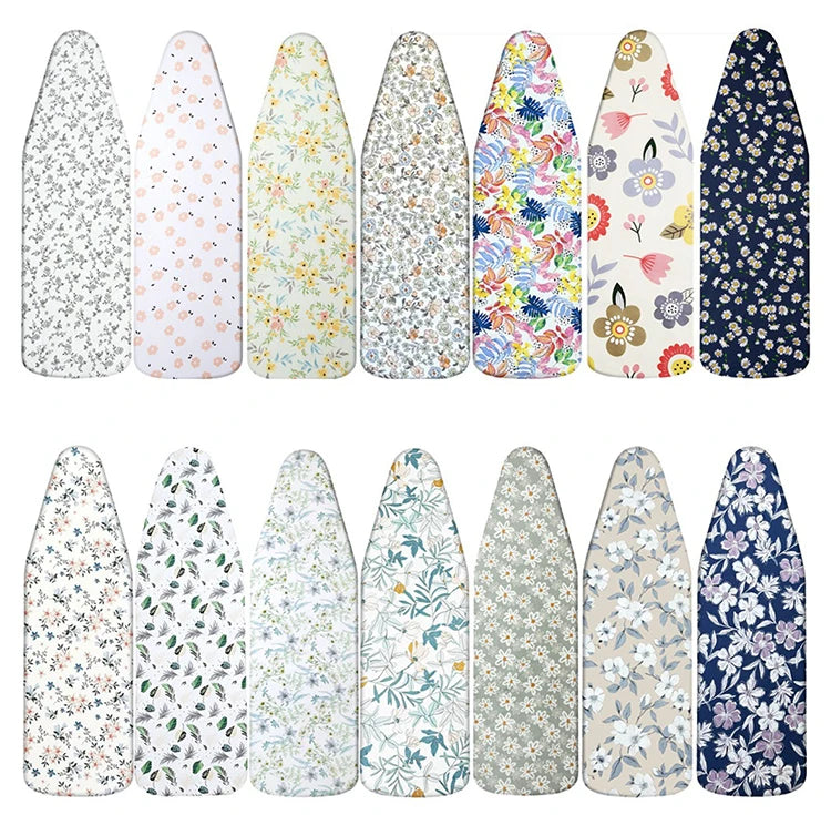 A collection of patterned ironing board covers featuring floral and nature designs on a light background.