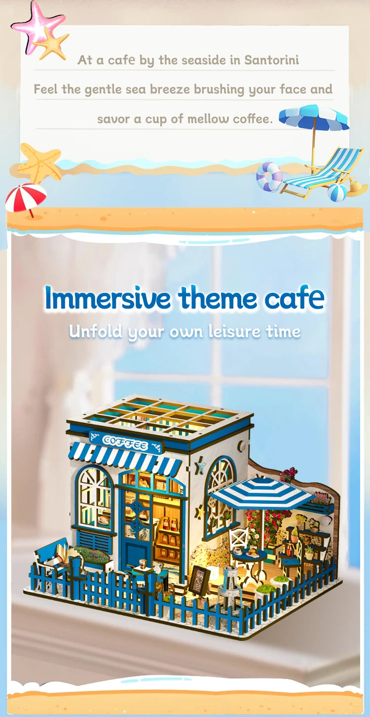 A wooden dollhouse miniature assembly kit with LED lighting displayed on a table.