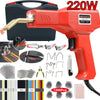 Red plastic welding gun and various metal components including staples, rods, and wire tools