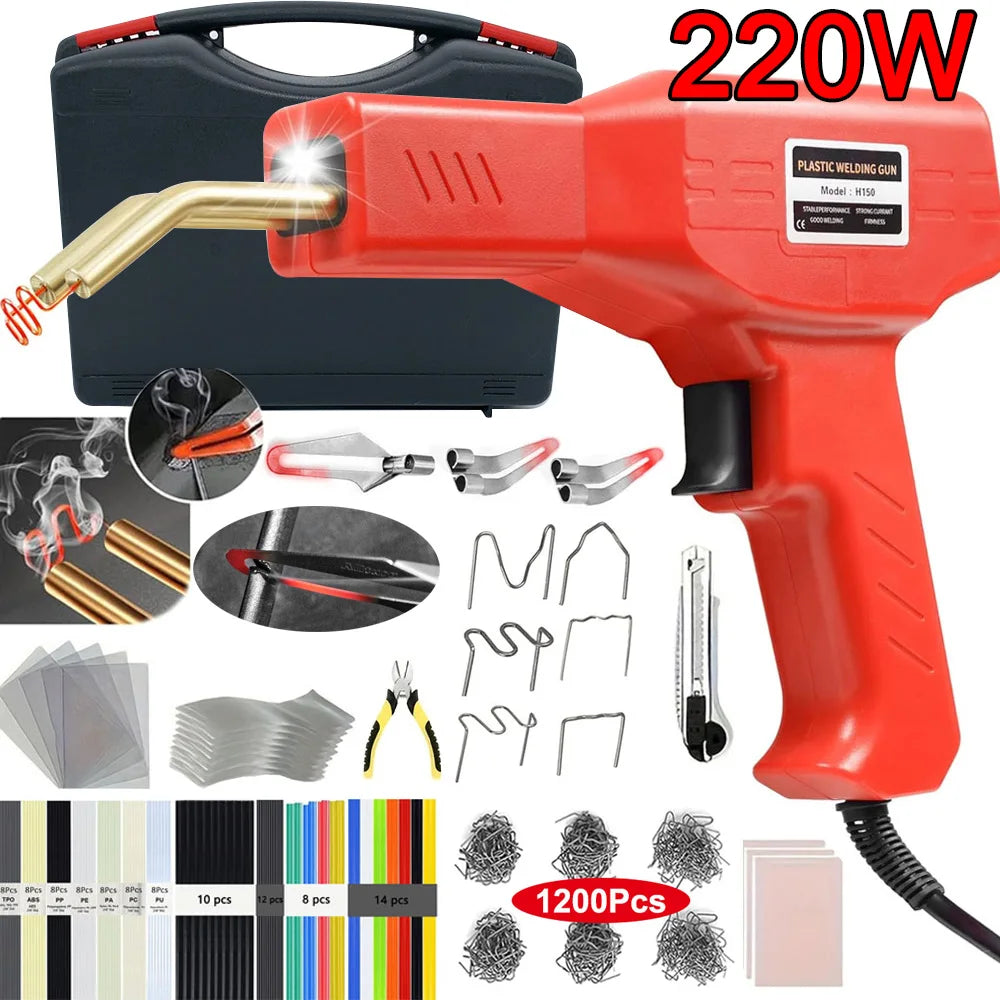 Red plastic welding gun and various metal components including staples, rods, and wire tools