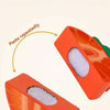 An orange wooden pretend play cutting fruit and vegetable toy set with a simulated cutting sound.