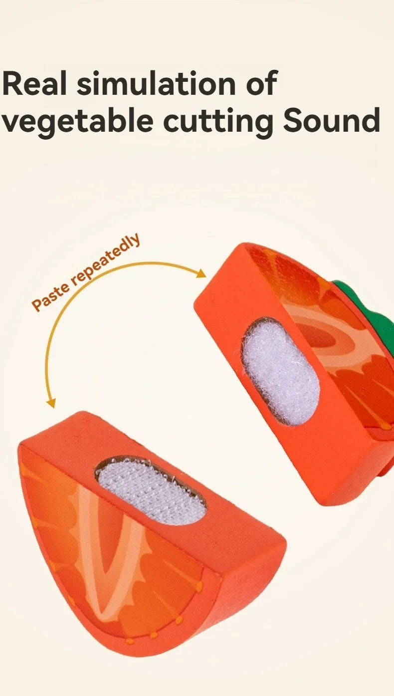 An orange wooden pretend play cutting fruit and vegetable toy set with a simulated cutting sound.