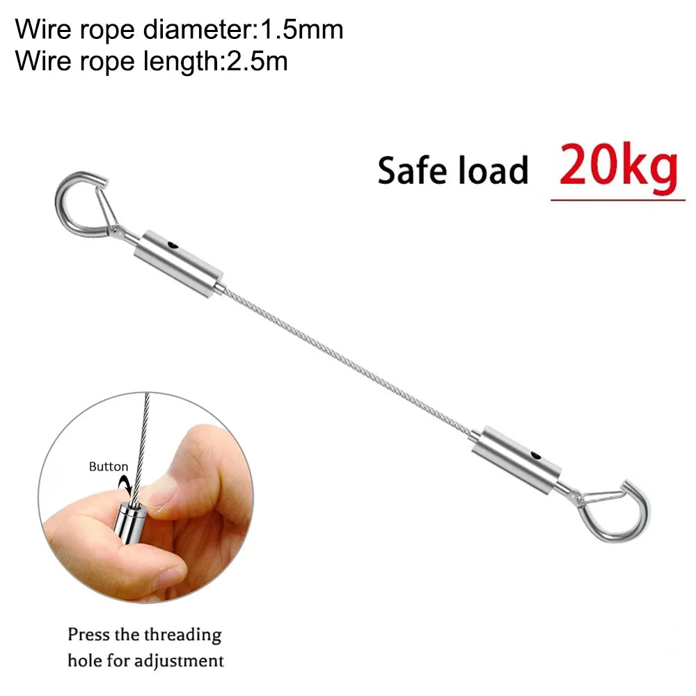 Stainless steel wire rope with an eye hook and adjustment button for hanging items