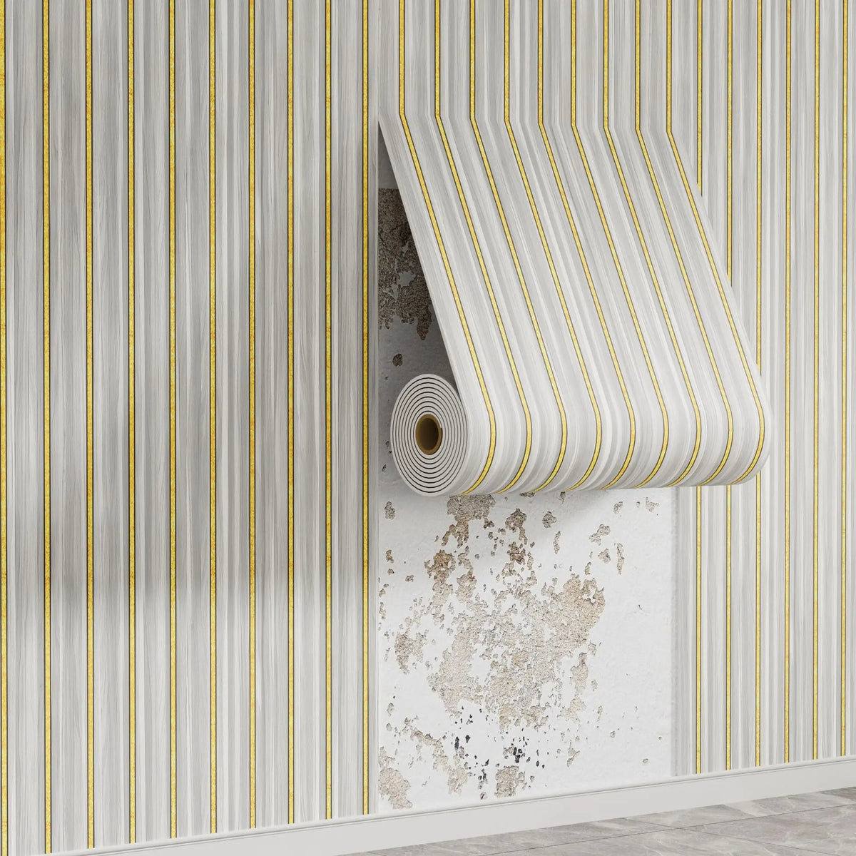 Roll of striped wallpaper featuring vertical light gray and gold stripes mounted on a white wall.