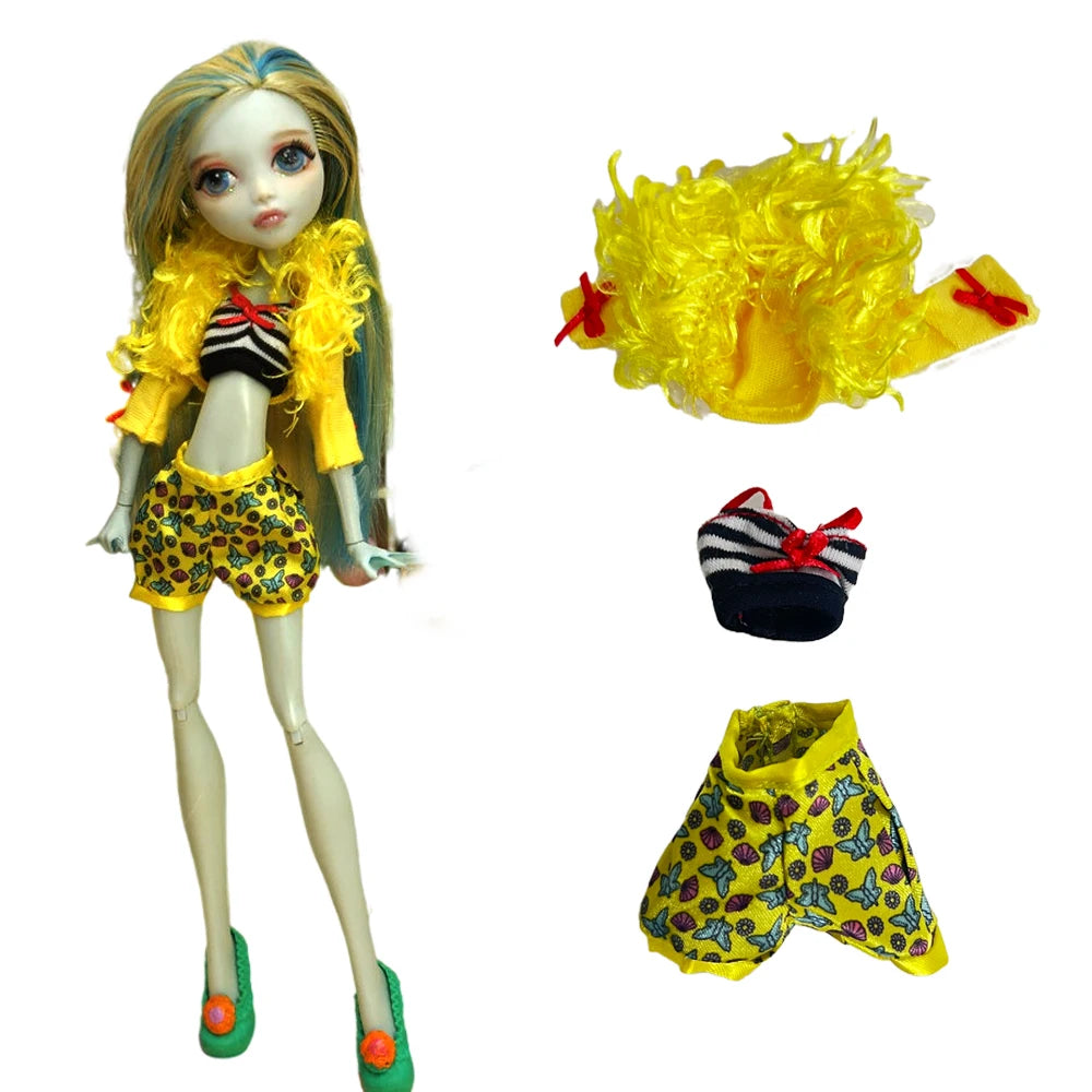 A fashion doll outfit featuring yellow and black patterned clothing and bright yellow fluffy hair.