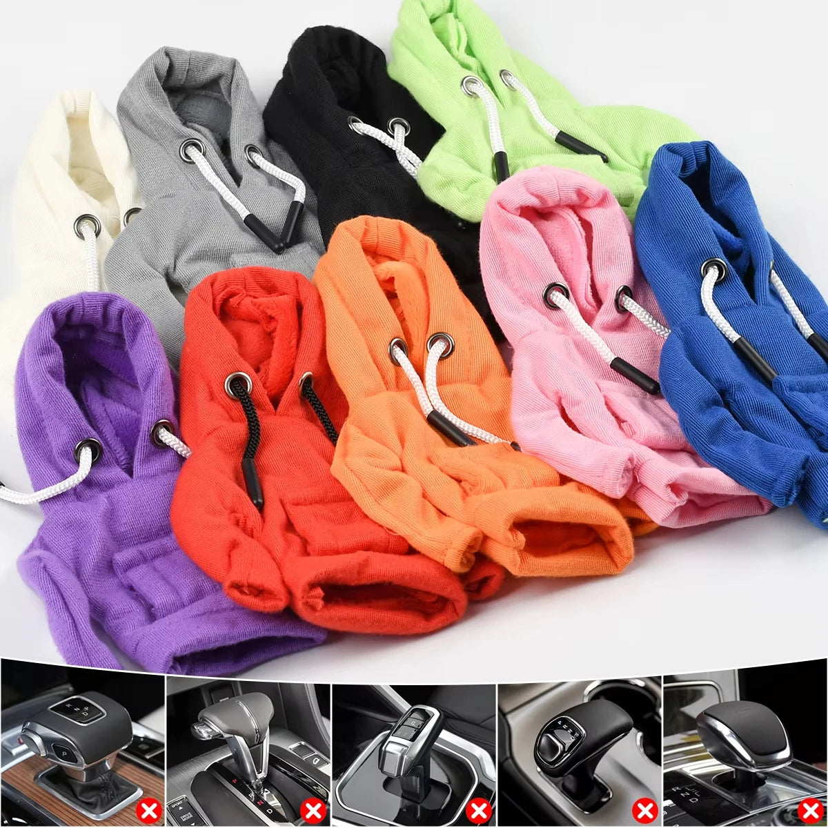 Variedad de tapas para palanca de cambios de forro de felpa en tonos de gris, negro, verde, rosa, naranja y azul.