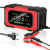 A red and black Foxsur smart battery charger unit with a digital display and crocodile clips for charging batteries.