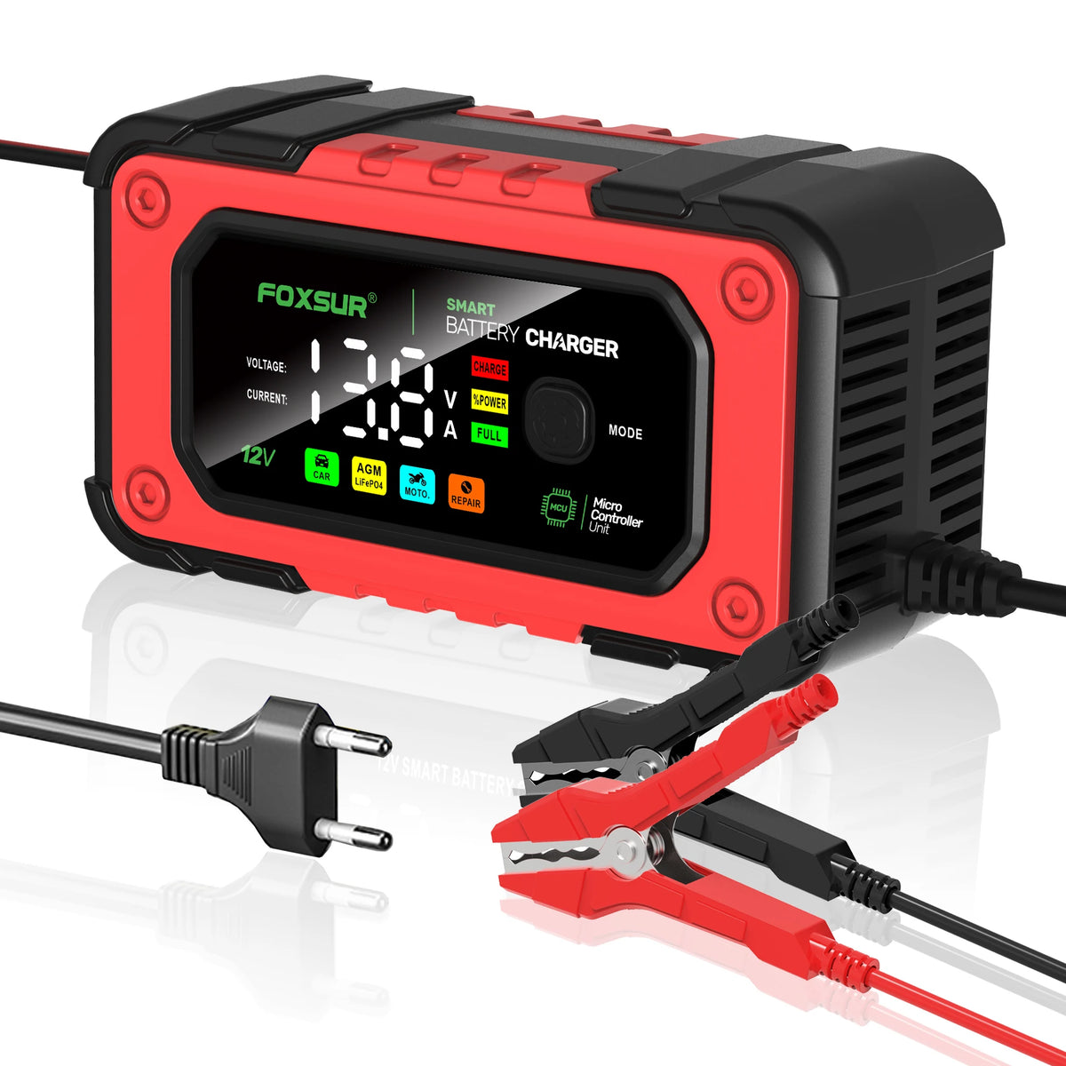 A red and black Foxsur smart battery charger unit with a digital display and crocodile clips for charging batteries.