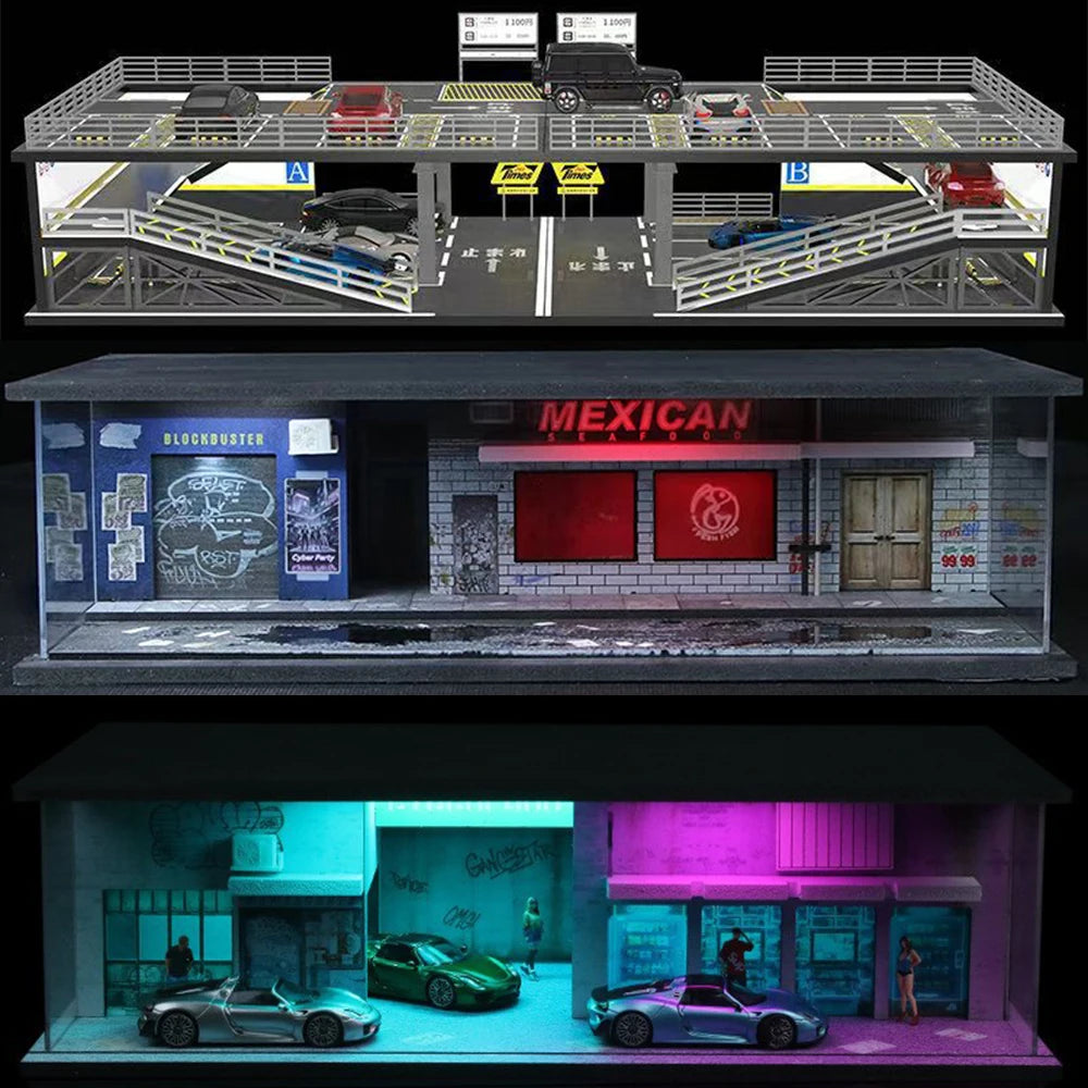 A diorama kit featuring a garage scene with a storefront and an interior display of cars.