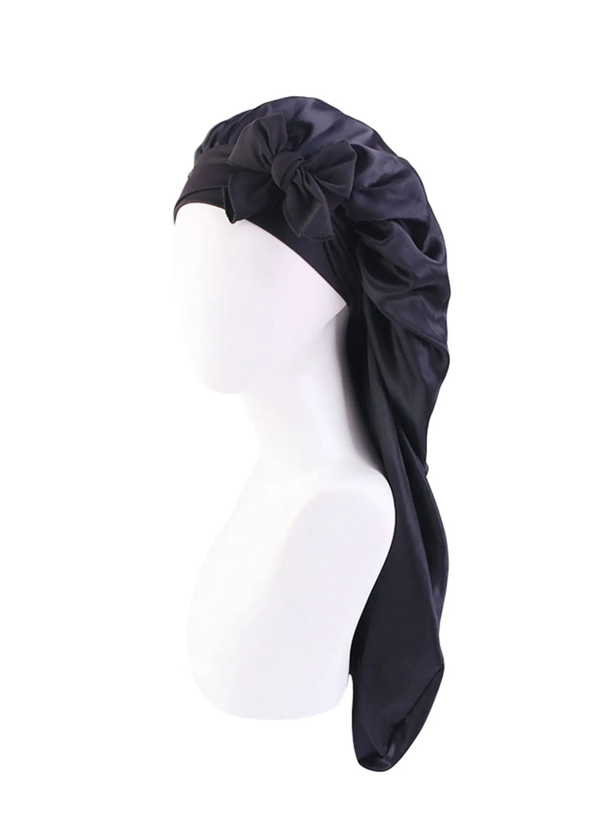 Black satin sleep bonnet with an adjustable tie displayed on a white mannequin head.