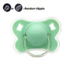 A silicone baby pacifier with a flower design and protective cover shown in light green.