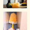 A yellow electrostatic duster is shown cleaning a dark corner, with a fluffy yellow refill visible.