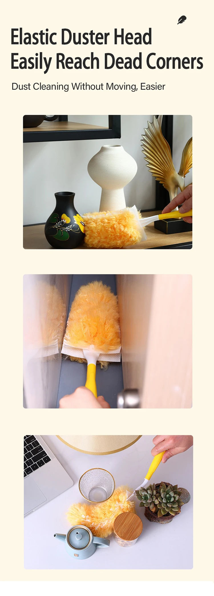 A yellow electrostatic duster is shown cleaning a dark corner, with a fluffy yellow refill visible.