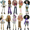 A collection of various fashion doll outfits and dresses featuring different hair colors and styles.