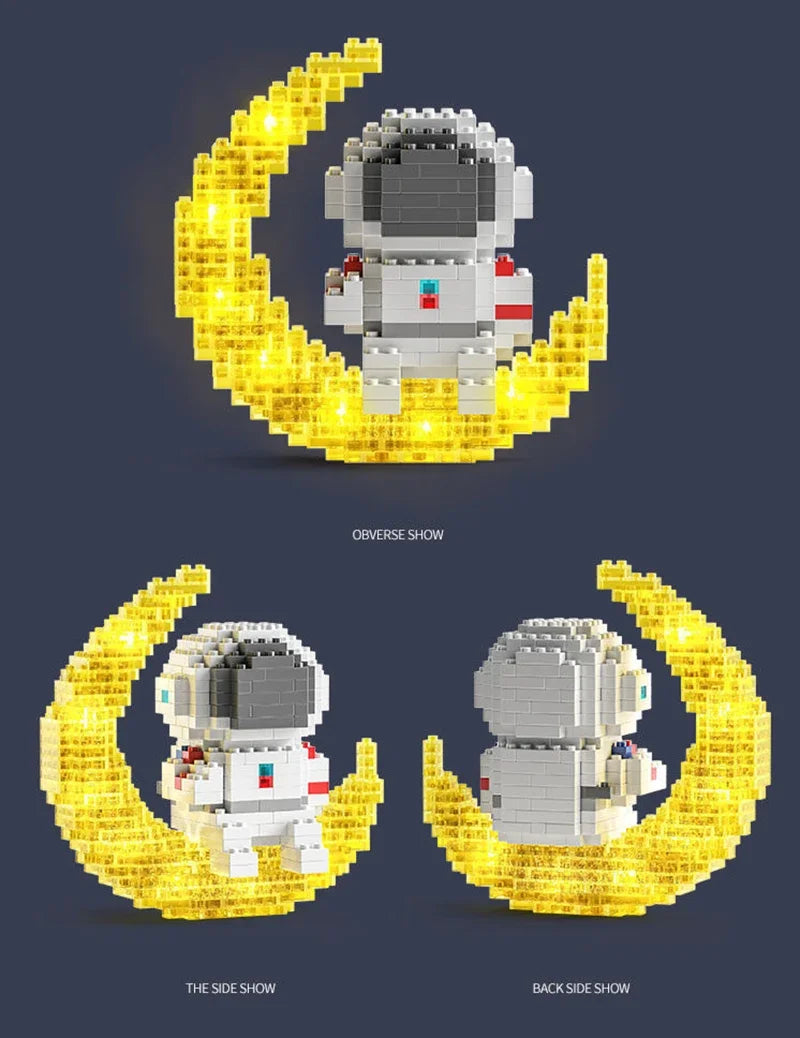 A set of Luminous Astronaut Moon Micro Building Blocks featuring an LED light, shown in three views.