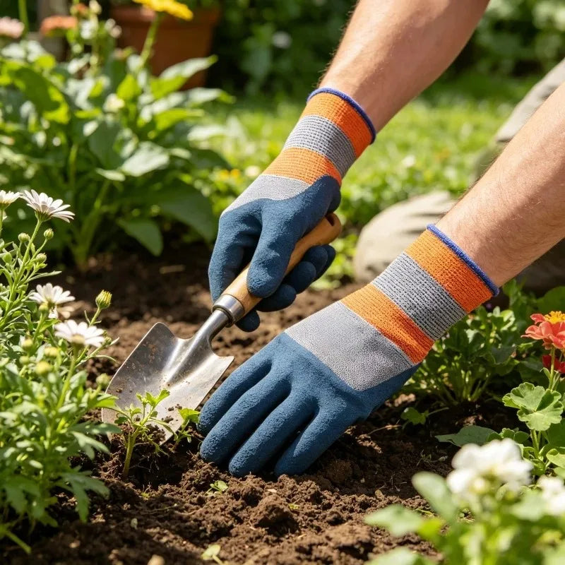 A hand wearing orange and gray gardening gloves is using a small metal trowel to dig in dark soil among plants.