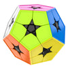 A colorful, geometric puzzle cube with pink, green, blue, and orange faces.