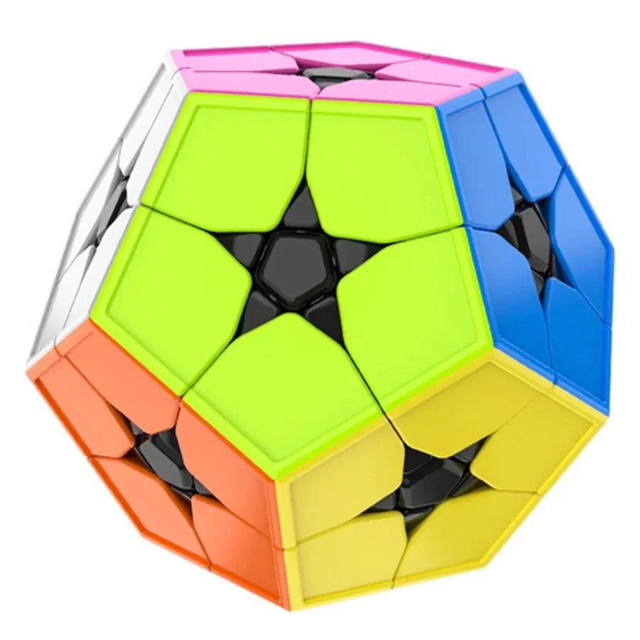 A colorful, geometric puzzle cube with pink, green, blue, and orange faces.