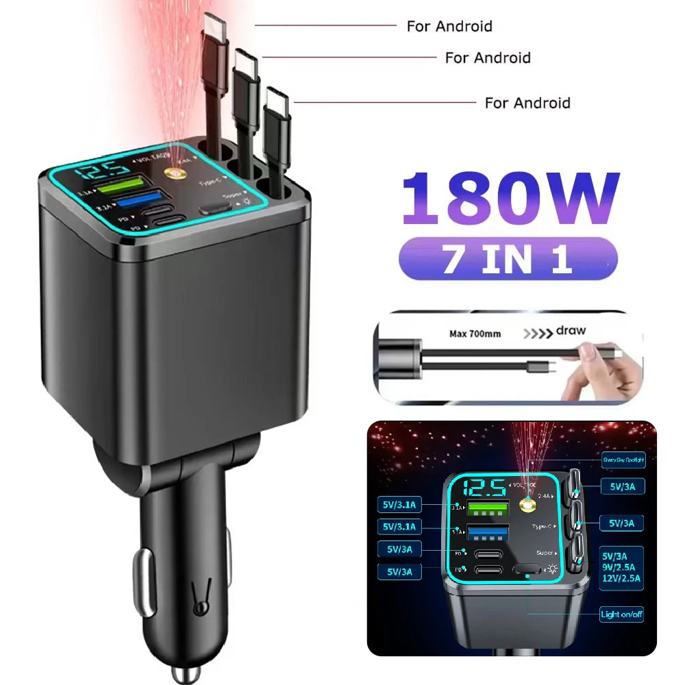 A black retractable car charger with a digital display and multiple output ports for Android devices.