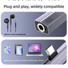 An adapter showing wired 3.5mm headphones and compatibility with mobile phones, tablets, computers, and other type-c devices.