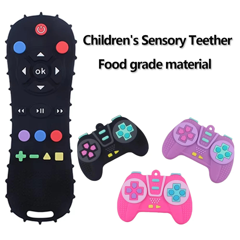 A set of silicone food-grade game controllers in various colors and shapes for children's sensory teething