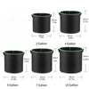 A set of black heavy-duty non-woven fabric grow bags for various plants and vegetables, shown in different sizes.