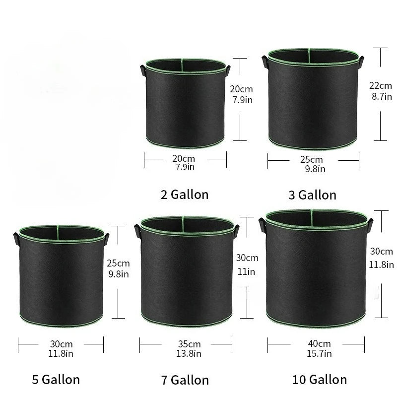 A set of black heavy-duty non-woven fabric grow bags for various plants and vegetables, shown in different sizes.