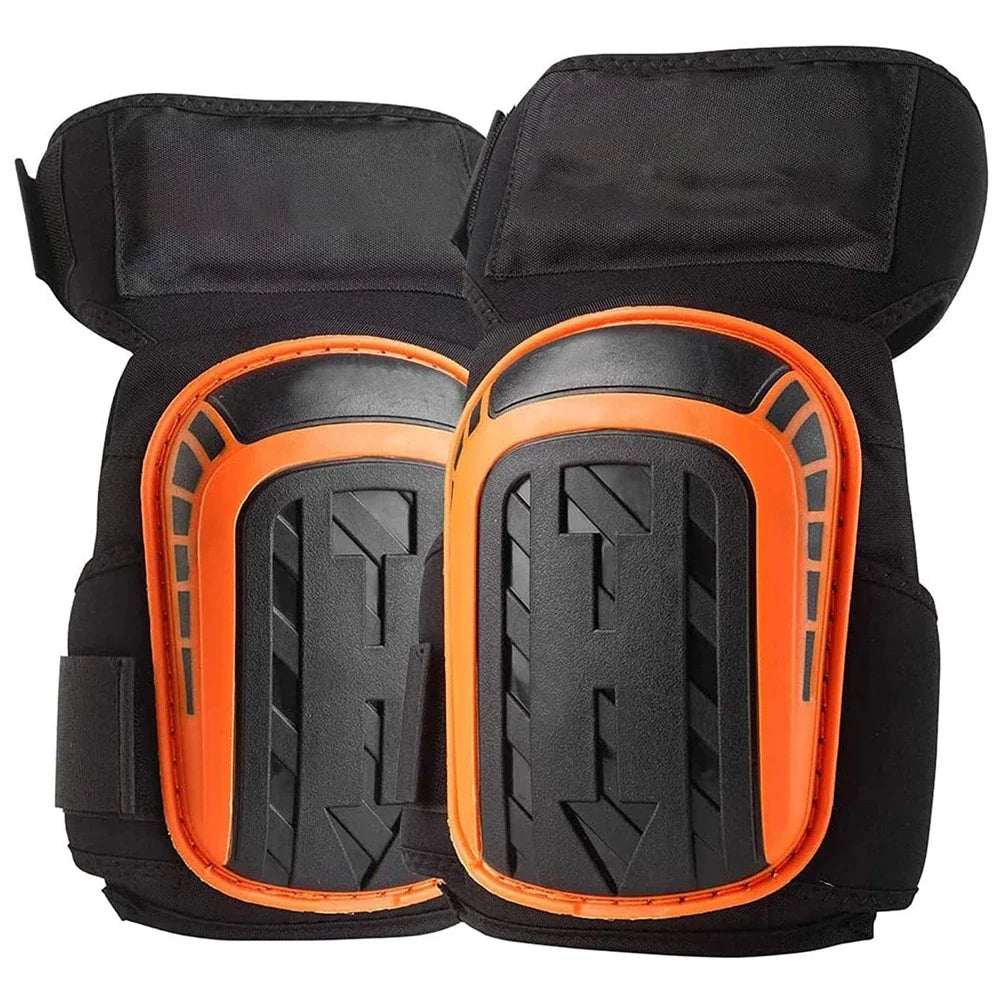 Pair of black and orange heavy-duty gel knee pads for work and gardening