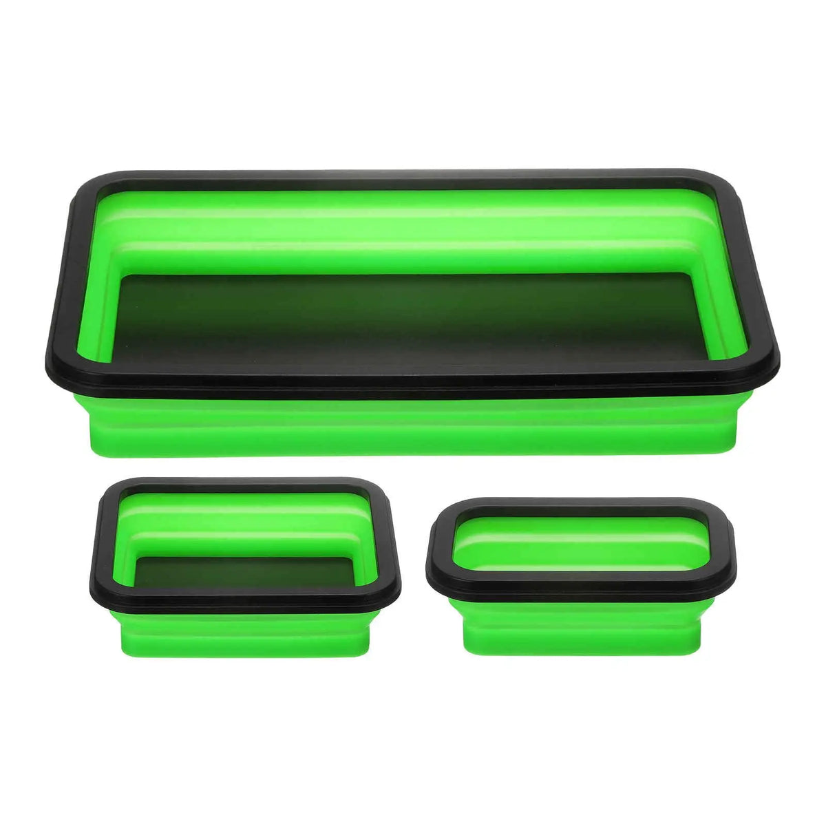 A set of three collapsible magnetic parts trays in bright lime green and black.