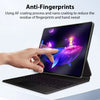 A hand touches a laptop displaying an anti-fingerprints screen protector feature.