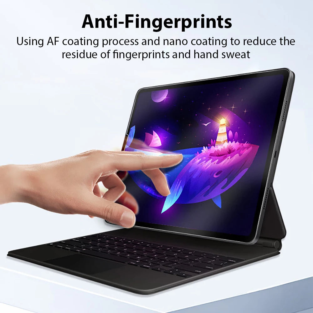 A hand touches a laptop displaying an anti-fingerprints screen protector feature.