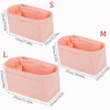 Three sizes of pink felt purse organizer inserts labeled S, M, and L showing dimensions.