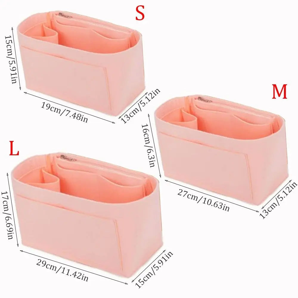 Three sizes of pink felt purse organizer inserts labeled S, M, and L showing dimensions.