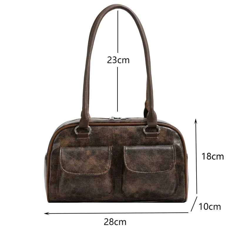 Women's Retro PU Leather Shoulder Bag with Multiple Pockets & Detachable Charm