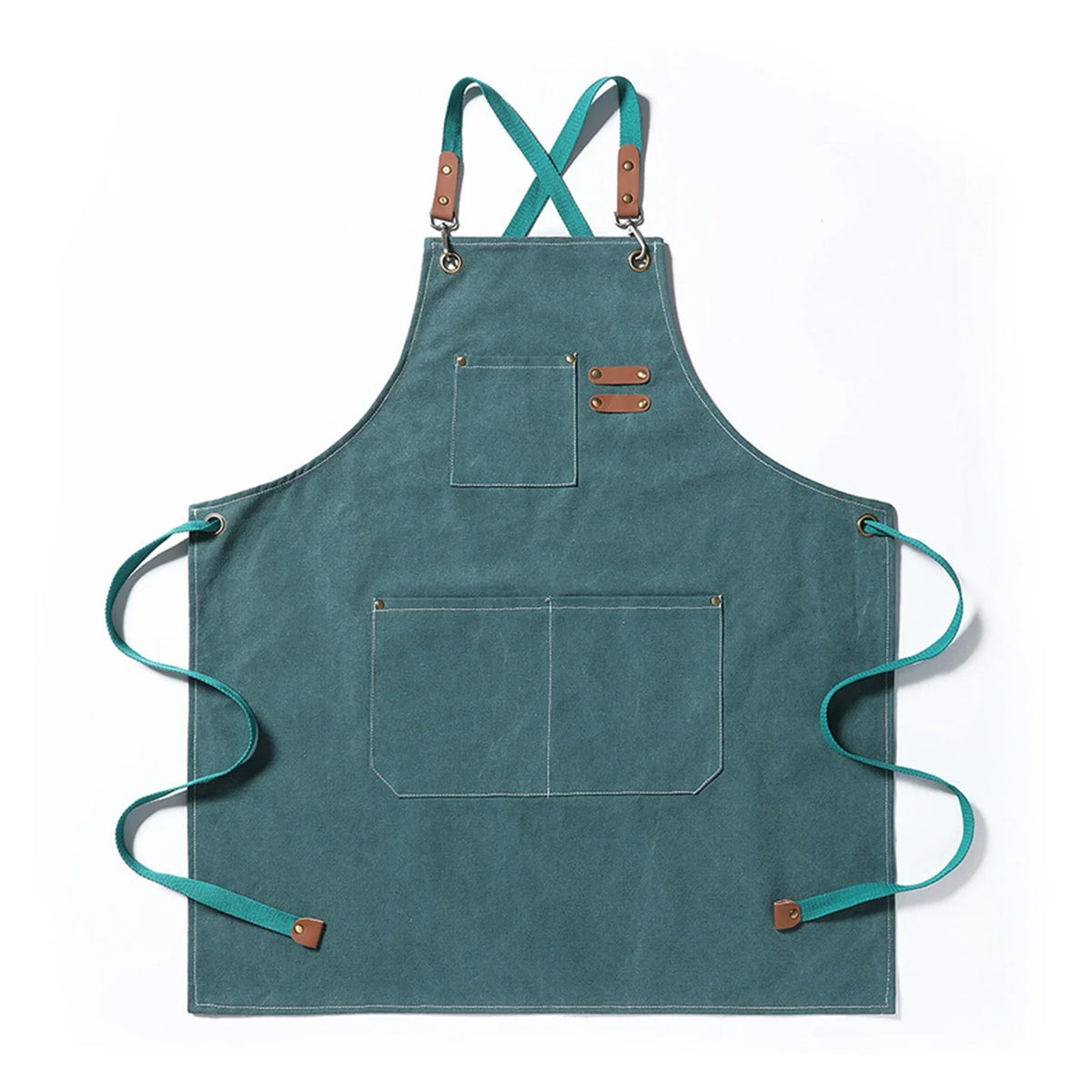 A teal canvas apron with straps and two large front pockets.