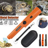 Orange handheld metal detector with LED lights and waterproof coil, showing various detection capabilities.