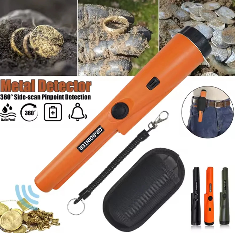 Orange handheld metal detector with LED lights and waterproof coil, showing various detection capabilities.