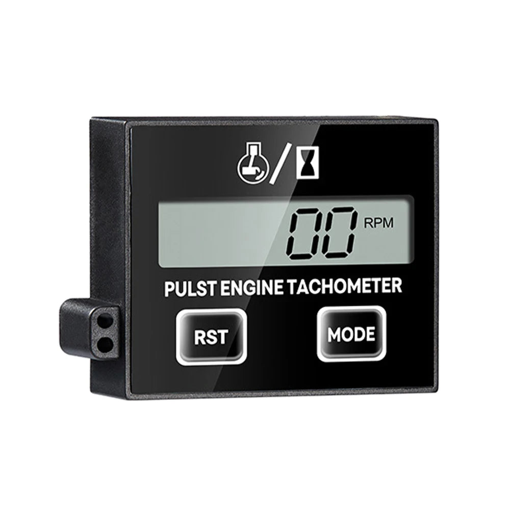 Black digital pulse engine tachometer with a display showing 00 RPM and RST and MODE buttons