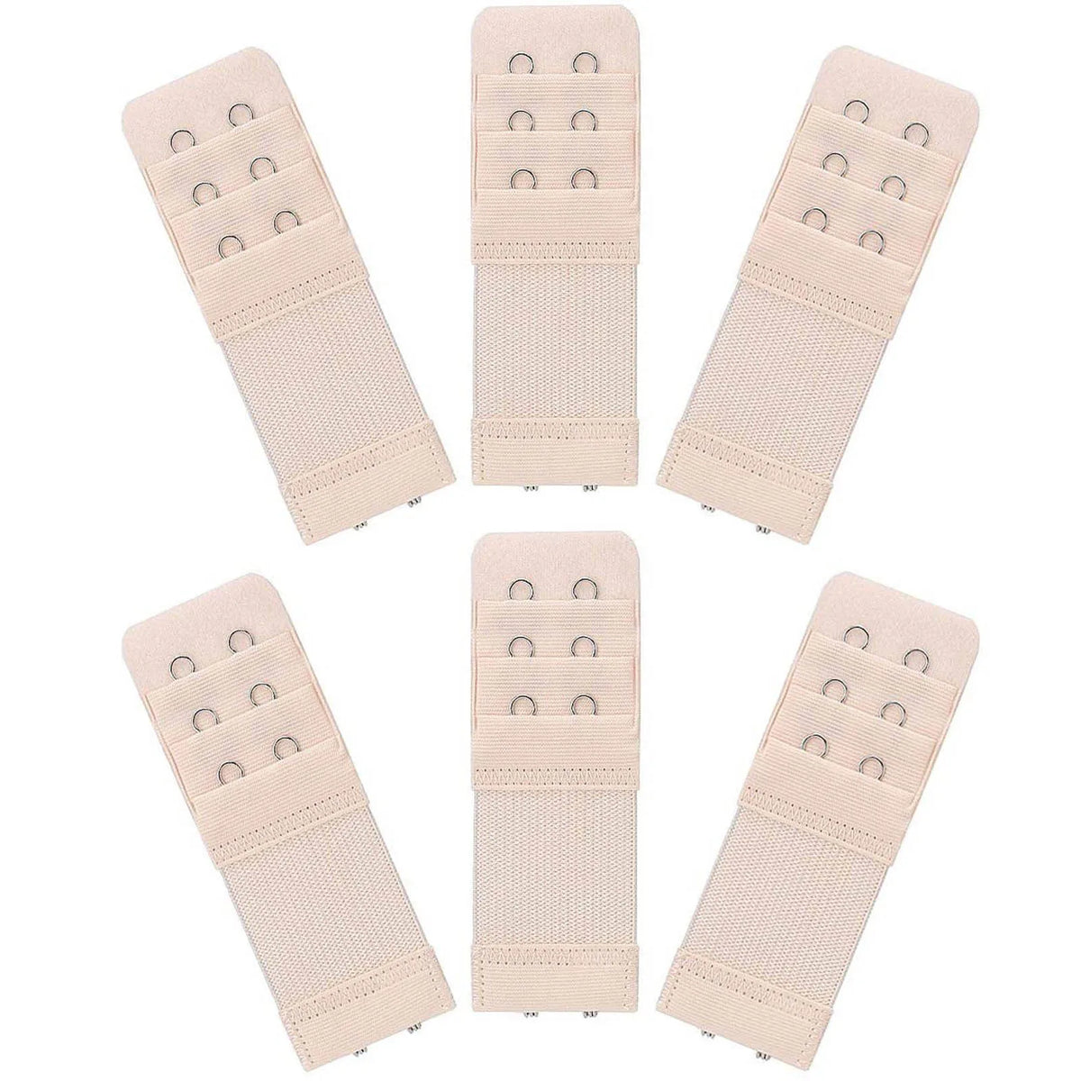 A set of three beige soft stretch bra extenders with hook adjustment shown in various angles.