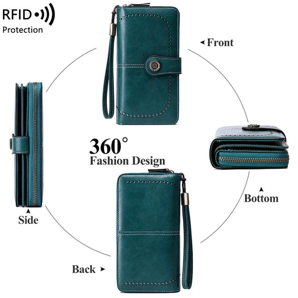 Vintage RFID-Blocking Large Capacity Wallet with Wrist Strap
