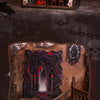 A DIY wooden book nook kit featuring a spooky Halloween miniature shelf insert with LED lights and gothic architecture.