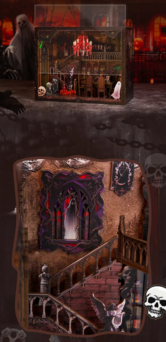 A DIY wooden book nook kit featuring a spooky Halloween miniature shelf insert with LED lights and gothic architecture.
