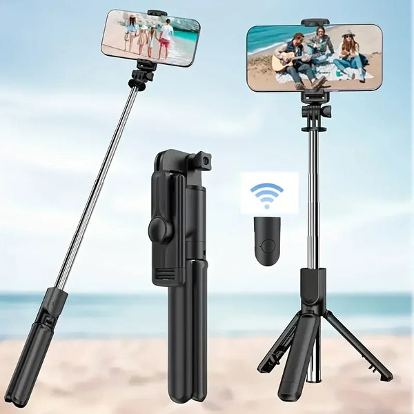 Kompeller schwarzer Bluetooth-Selfiestick mit Smartphone und Stativbasis.