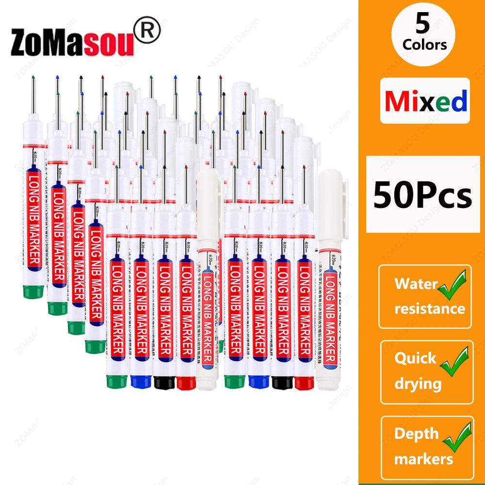 A set of 50 long-head waterproof deep hole markers in mixed colors for woodworking and construction